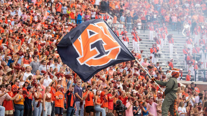 Aubie waves a flag before the game as Auburn Tigers take on Mississippi State Bulldogs at Jordan-Hare Stadium in Auburn, Ala., on Saturday, Oct. 28, 2023. Auburn Tigers defeated Mississippi State Bulldogs 27-13.