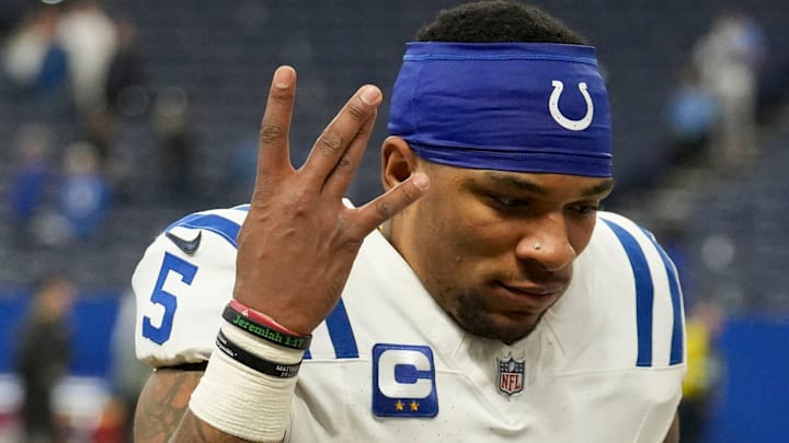 Indianapolis Colts quarterback Anthony Richardson (5) celebrates as he leaves the field Sunday, Dec. 22, 2024, after winning a game against the Tennessee Titans at Lucas Oil Stadium in Indianapolis. Indianapolis Colts quarterback Anthony Richardson (5) celebrates as he leaves the field Sunday, Dec. 22, 2024, after winning a game against the Tennessee Titans at Lucas Oil Stadium in Indianapolis.