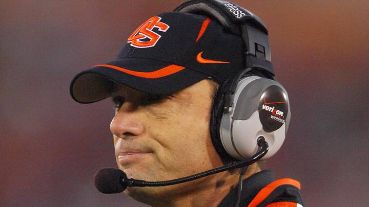 Nov 3, 2007; Los Angeles, CA; USA; Oregon State Beavers coach Mike Riley watches from the sidelines during 24-3 loss to Southern California Trojans at the Los Angeles Memorial Coliseum. Mandatory Credit: Kirby Lee/Image of Sport-Imagn Images