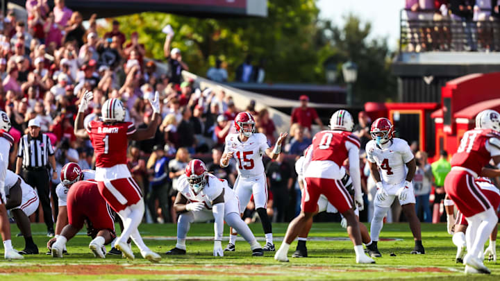Oct 25, 2025; Columbia, South Carolina, USA; Alabama Crimson Tide quarterback Ty Simpson (15) calls the play against the South Carolina Gamecocks in the first quarter at Williams-Brice Stadium. Mandatory Credit: Jeff Blake-Imagn Images Oct 25, 2025; Columbia, South Carolina, USA; Alabama Crimson Tide quarterback Ty Simpson (15) calls the play against the South Carolina Gamecocks in the first quarter at Williams-Brice Stadium. Mandatory Credit: Jeff Blake-Imagn Images