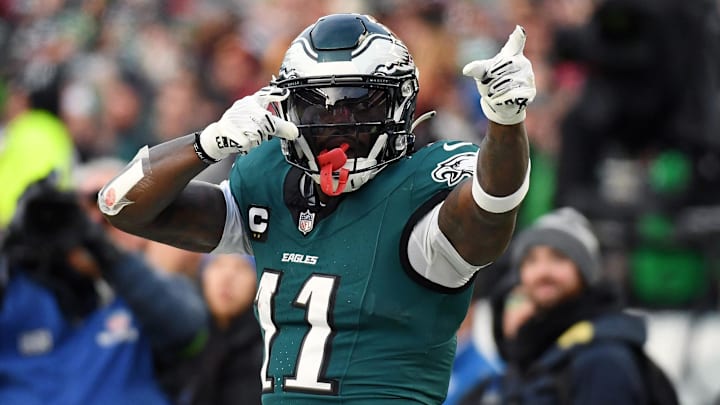 Jan 26, 2025; Philadelphia, PA, USA; Philadelphia Eagles wide receiver A.J. Brown (11) reacts after a play against the Washington Commanders during the first half in the NFC Championship game at Lincoln Financial Field. Mandatory Credit: Eric Hartline-Imagn Images
