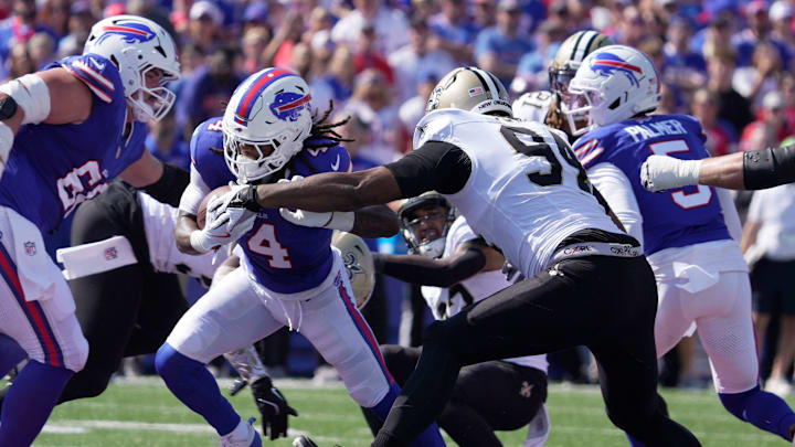 Bills running back James Cook runs the ball against the Saints in Week 4.