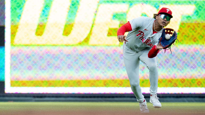 Philadelphia Phillies outfielder Cristian Pache (19) catches a fly ball in the second inning of the MLB baseball game between the Cincinnati Reds and the Philadelphia Phillies at Great American Ball Park in Cincinnati on Wednesday, April 24, 2024.