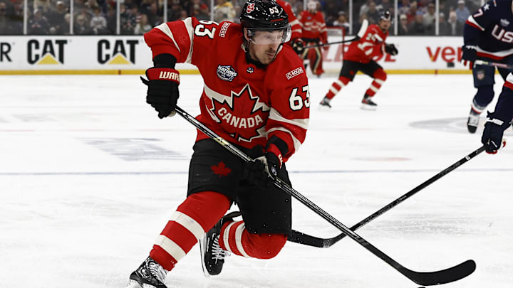 Feb 20, 2025; Boston, MA, USA; [Imagn Images direct customers only] Team Canada forward Brad Marchand (63) during the 4 Nations Face-Off ice hockey championship game against the United States at TD Garden. Mandatory Credit: Winslow Townson-Imagn Images