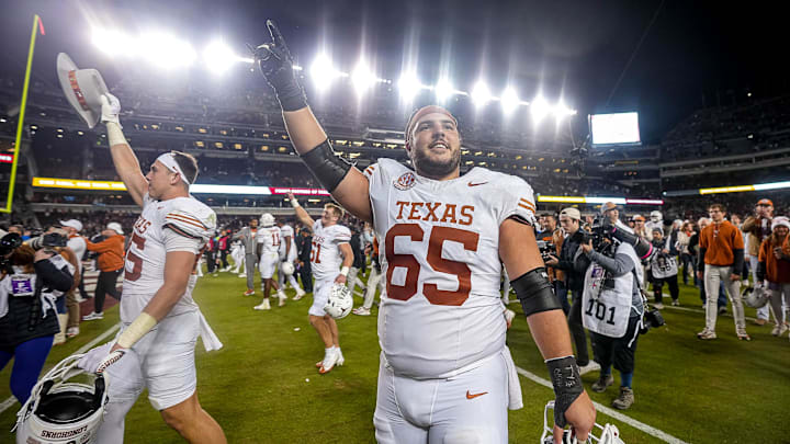 Texas Longhorns offensive lineman Jake Majors (85) celebrates the 17-7 win over Texas A&M in the Lone Star Showdown at Kyle Field on Saturday, Nov. 30, 2024 in College Station, Texas.