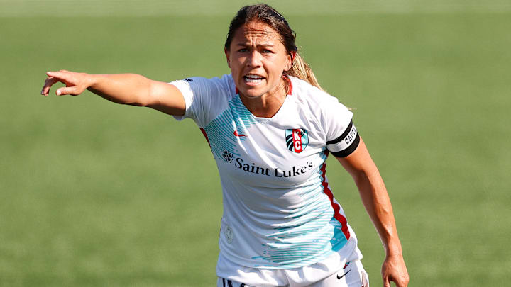 Kansas City Current player Lo'eau LaBonta reacts to the firing of Matt Potter. 