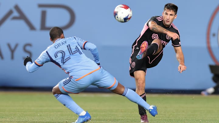 Inter Miami winger Franco Negri kicks the ball during a March 11 match at New York City FC. Negri scored his first MLS goal Saturday against Chicago.