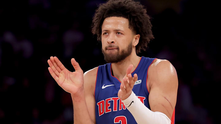 Detroit Pistons guard Cade Cunningham (2) reacts during the third quarter against the New York Knicks at Madison Square Garden.