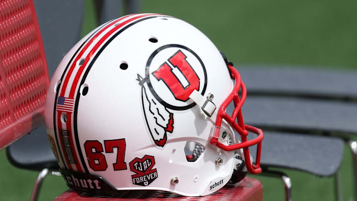 A general view of the helmet used by the White team in the Utah Spring Football Game at Rice-Eccles Stadium.