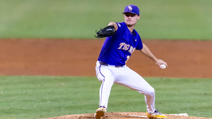 Tigers pitcher Kade Anderson 32 on the mound as The LSU Tigers take Dallas Baptist in the 2025 NCAA Div 1 Regional Baseball Championship at Alex Box Stadium in Baton Rouge, LA. Saturday, May 31, 2025.