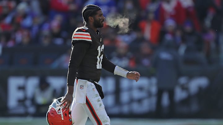 Cleveland Browns quarterback Shedeur Sanders (12) walks off the field after failing to convert during the first half of an NFL football game at Huntington Bank Field, Dec. 21, 2025, in Cleveland, Ohio.