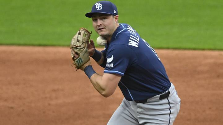 Apr 27, 2026; Cleveland, Ohio, USA; Tampa Bay Rays second baseman Ben Williamson (15) bobbles the ball in the third inning against the Cleveland Guardians at Progressive Field. Apr 27, 2026; Cleveland, Ohio, USA; Tampa Bay Rays second baseman Ben Williamson (15) bobbles the ball in the third inning against the Cleveland Guardians at Progressive Field.
