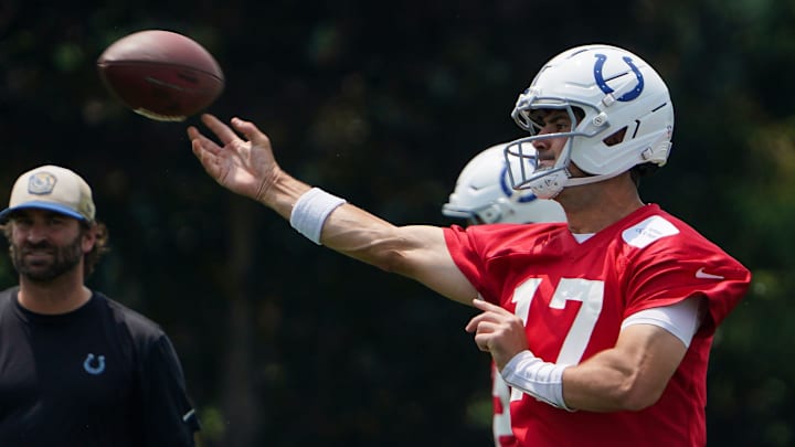 Indianapolis Colts quarterback Daniel Jones (17) throws the ball Tuesday, June 10, 2025, during NFL Colts mandatory mini camp at the Indiana Farm Bureau Football Center in Indianapolis.