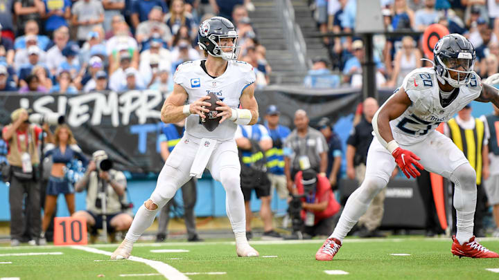 Sep 15, 2024; Nashville, Tennessee, USA;  Tennessee Titans quarterback Will Levis (8) stands in the pocket against the New York Jets during the second half at Nissan Stadium. Mandatory Credit: Steve Roberts-Imagn Images