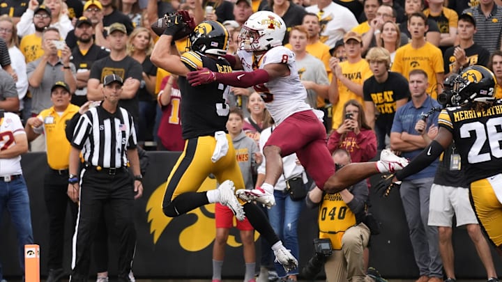 Iowa cornerback Cooper DeJean intercepts a pass in the Iowa State end zone during the Cy-Hawk Series football game on Saturday, Sept. 10, 2022, at Kinnick Stadium in Iowa City.