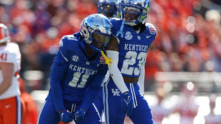 Kentucky Wildcats defensive back Zion Childress reacts after a play against the Clemson Tigers.
