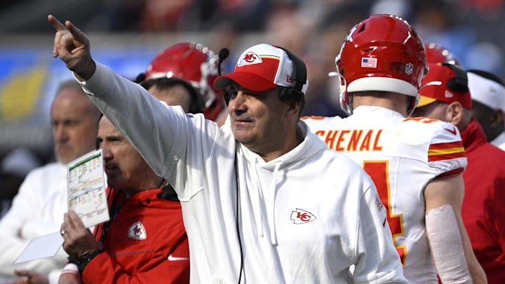 Jan 7, 2024; Inglewood, California, USA; Kansas City Chiefs defensive line coach Joe Cullen gestures