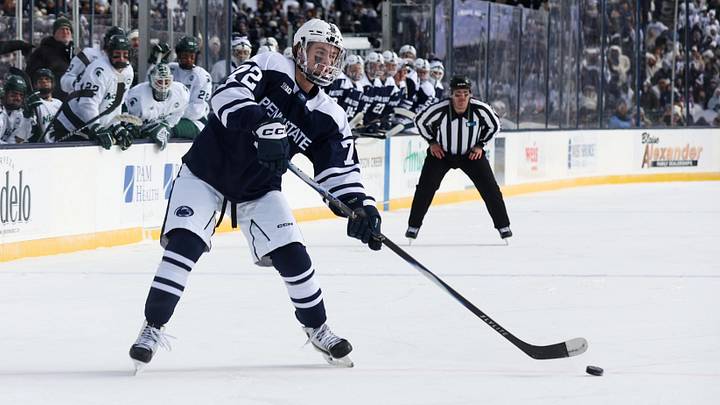 Jan 31, 2026; State College, PA, USA; Penn State Nittany Lions forward Gavin McKenna (72) looks to shoot the puck during the first period against the Michigan State Spartans at Beaver Stadium. Mandatory Credit: Matthew O'Haren-Imagn Images