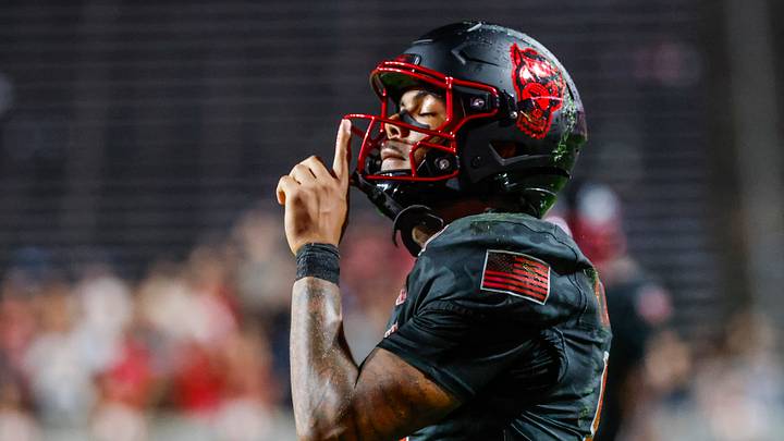 Sep 11, 2026; Raleigh, North Carolina, USA; NC State Wolfpack wide receiver Keenan Jackson (8) celebrates a touchdown during the second half of the game against Richmond Spiders at Carter-Finley Stadium. Mandatory Credit: Jaylynn Nash-Imagn Images Sep 11, 2026; Raleigh, North Carolina, USA; NC State Wolfpack wide receiver Keenan Jackson (8) celebrates a touchdown during the second half of the game against Richmond Spiders at Carter-Finley Stadium. Mandatory Credit: Jaylynn Nash-Imagn Images