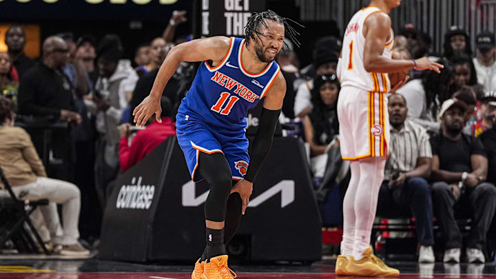 Knicks guard Jalen Brunson reacts on the court.