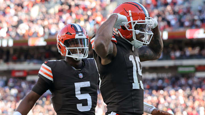 Cleveland Browns wide receiver Cedric Tillman (19) celebrates his touchdown with quarterback Jameis Winston (5) during the second half of an NFL football game against the Baltimore Ravens at Huntington Bank Field, Sunday, Oct. 27, 2024, in Cleveland, Ohio.
