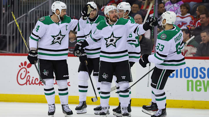 Feb 22, 2025; Newark, New Jersey, USA; Dallas Stars center Matt Duchene (95) celebrates his goal against the New Jersey Devils during the third period at Prudential Center. Mandatory Credit: Ed Mulholland-Imagn Images