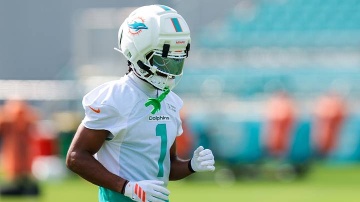 Miami Dolphins wide receiver Jalen Tolbert (1) works during practice at the Baptist Health Training Complex. Miami Dolphins wide receiver Jalen Tolbert (1) works during practice at the Baptist Health Training Complex.