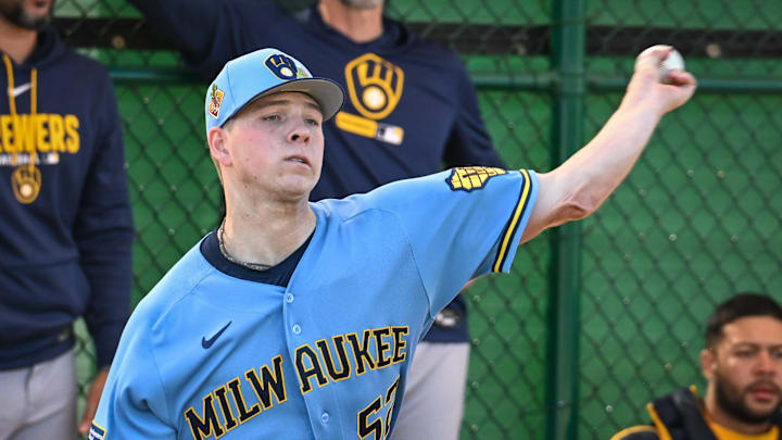 Milwaukee Brewers pitcher Kyle Harrison (52) throws in the bullpen during spring training workouts Saturday, February 14, 2026, at American Family Fields of Phoenix in Phoenix, Arizona.