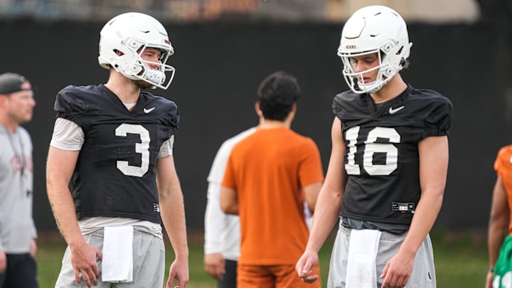Texas quarterbacks Arch Manning (16) and Quinn Ewers talk during the team's first spring practice of 2023 at the Frank Denius Fields.
2023-03-06-manning-ewers Texas quarterbacks Arch Manning (16) and Quinn Ewers talk during the team's first spring practice of 2023 at the Frank Denius Fields.
2023-03-06-manning-ewers