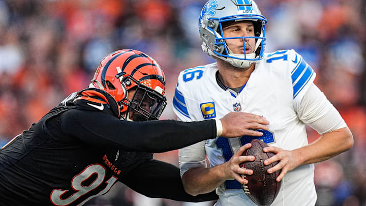 Lions QB Jared Goff gets sacked by Cincinnati Bengals defensive end Trey Hendrickson last season. 