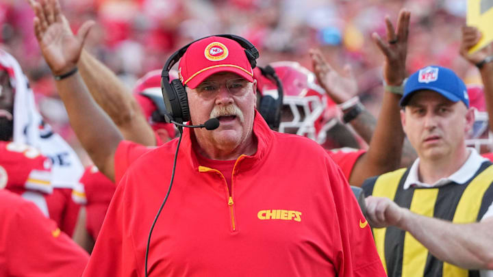 Sep 15, 2024; Kansas City, Missouri, USA; Kansas City Chiefs head coach Andy Reid reacts to a no-call against the Cincinnati Bengals during the game at GEHA Field at Arrowhead Stadium. Mandatory Credit: Denny Medley-Imagn Images