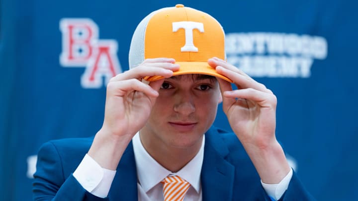 George MacIntyre, adjusts his Tennessee hat during signing day at Brentwood Academy in Brentwood , Tenn., Wednesday, Dec. 4, 2024.