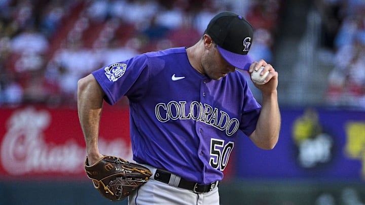 Aug 5, 2023; St. Louis, Missouri, USA;  Colorado Rockies starting pitcher Ty Blach (50) stands on