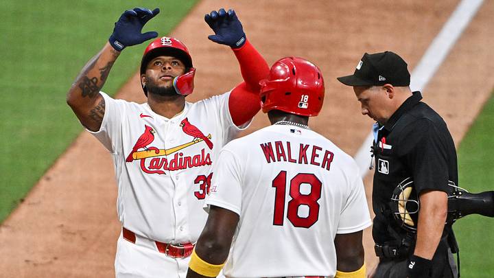 Jul 7, 2026; St. Louis, Missouri, USA; St. Louis Cardinals designated hitter Nelson Velazquez (38) celebrates with right fielder Jordan Walker (18) after hitting a two run home run against the Milwaukee Brewers during the sixth inning at Busch Stadium. Mandatory Credit: Jeff Curry-Imagn Images