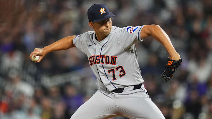 Apr 7, 2026; Denver, Colorado, USA; Houston Astros relief Christian Roa (73) delivers a pitch against the Colorado Rockies in the in the eighth inning at Coors Field. Mandatory Credit: Ron Chenoy-Imagn Images