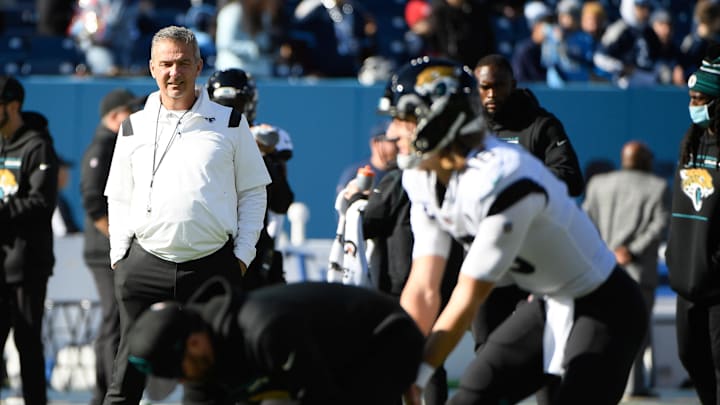 Dec 12, 2021; Nashville, Tennessee, USA;  Jacksonville Jaguars HC Urban Meyer and QB Trevor Lawrence. Steve Roberts-USA TODAY Sports