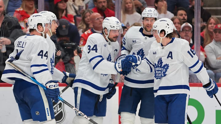 May 16, 2025; Sunrise, Florida, USA; Toronto Maple Leafs center Auston Matthews (34) celebrates with teammates after scoring against the Florida Panthers during the third period in game six of the second round of the 2025 Stanley Cup Playoffs at Amerant Bank Arena. Mandatory Credit: Sam Navarro-Imagn Images May 16, 2025; Sunrise, Florida, USA; Toronto Maple Leafs center Auston Matthews (34) celebrates with teammates after scoring against the Florida Panthers during the third period in game six of the second round of the 2025 Stanley Cup Playoffs at Amerant Bank Arena. Mandatory Credit: Sam Navarro-Imagn Images