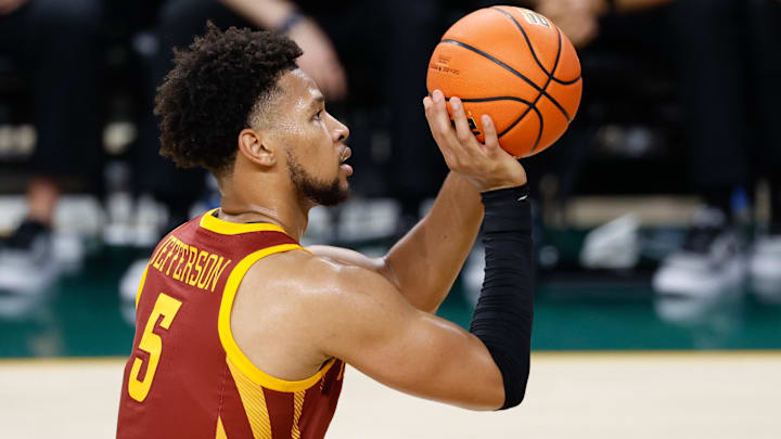 Jan 7, 2026; Waco, Texas, USA;  Iowa State Cyclones forward Joshua Jefferson (5) shoots a free throw during the second half against the Baylor Bears at Paul and Alejandra Foster Pavilion.