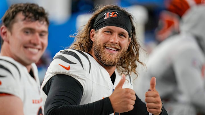 Cincinnati Bengals long snapper Cal Adomitis (48) jokes around with his teammates during a timeout against the Indianapolis Colts Thursday, August 22, 2024 at Paycor Stadium. Cincinnati Bengals long snapper Cal Adomitis (48) jokes around with his teammates during a timeout against the Indianapolis Colts Thursday, August 22, 2024 at Paycor Stadium.