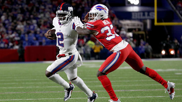 Siran Neal going for the sack against the New York Giants Tyrod Taylor last season as a member of the Buffalo Bills. The defensive back is a special teams stalwart and will look to improve the Dolphins special teams in 2024.