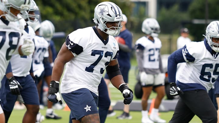 Dallas Cowboys guard Tyler Smith goes through a drill during practice at the Ford Center at the Star Training Facility Dallas Cowboys guard Tyler Smith goes through a drill during practice at the Ford Center at the Star Training Facility