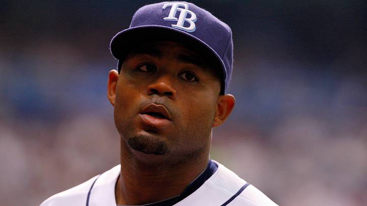 April 10, 2010; St. Petersburg, FL, USA; Tampa Bay Rays left fielder Carl Crawford (13) against the New York Yankees at Tropicana Field. Mandatory Credit: Kim Klement-USA TODAY Sports