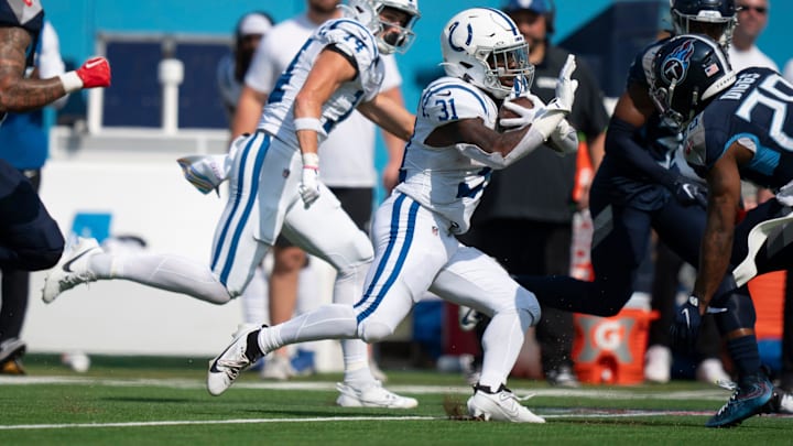 Indianapolis Colts running back Tyler Goodson (31) runs against the Tennessee Titans during the first half of their game at Nissan Stadium in Nashville, Tenn., Monday, Oct. 14, 2024.
