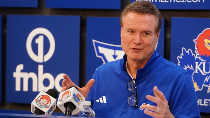 Kansas Jayhawks head coach Bill Self talks to media following the game against Houston Cougars inside Allen Fieldhouse on Monday, Feb. 23, 2026.