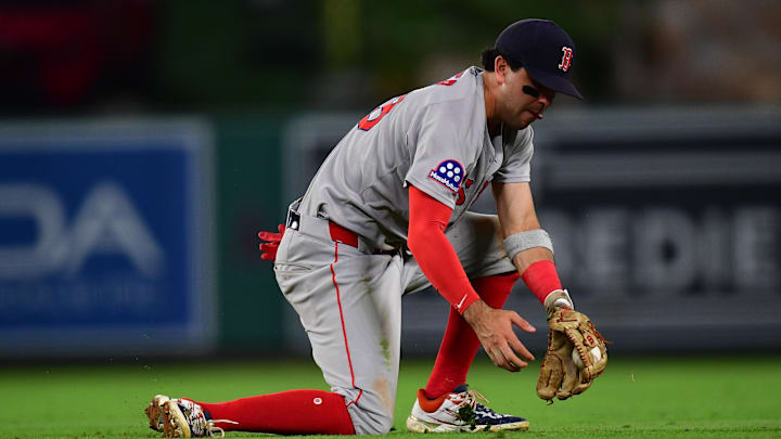 Jun 24, 2025; Anaheim, California, USA; Boston Red Sox second baseman Marcelo Mayer (39) fields the single of Los Angeles Angels center fielder Jo Adell (7) during the seventh inning at Angel Stadium. Mandatory Credit: Gary A. Vasquez-Imagn Images