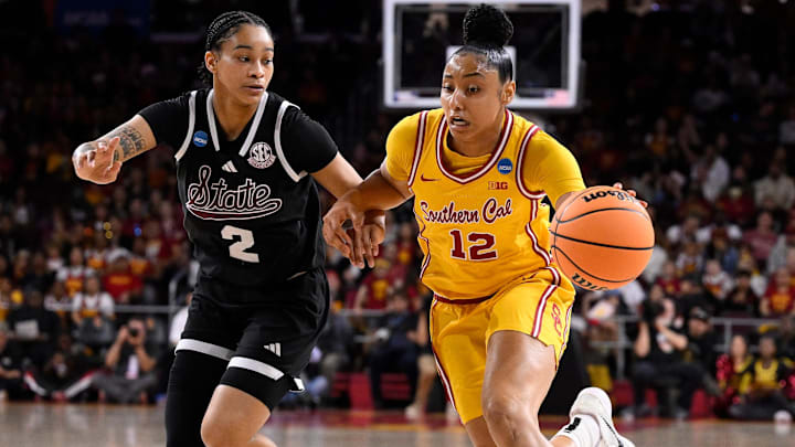 USC Trojans guard JuJu Watkins drives to the basket past Mississippi State Bulldogs guard Jerkaila Jordan during the first quarter of an NCAA tournament game at Galen Center. USC Trojans guard JuJu Watkins drives to the basket past Mississippi State Bulldogs guard Jerkaila Jordan during the first quarter of an NCAA tournament game at Galen Center.