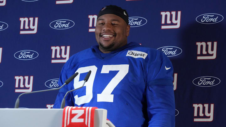 Nov 8, 2024; Munich, Germany; New York Giants defensive tackle Dexter Lawrence II (97) during press conference at the FC Bayern Munchen training grounds at Sabener Strasse.  Mandatory Credit: Kirby Lee-Imagn Images