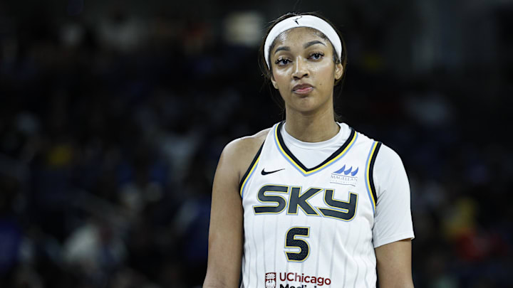 Aug 23, 2025; Chicago, Illinois, USA; Chicago Sky forward Angel Reese (5) stands on the court during the second half of a WNBA game against the Connecticut Sun at Wintrust Arena. Mandatory Credit: Kamil Krzaczynski-Imagn Images Aug 23, 2025; Chicago, Illinois, USA; Chicago Sky forward Angel Reese (5) stands on the court during the second half of a WNBA game against the Connecticut Sun at Wintrust Arena. Mandatory Credit: Kamil Krzaczynski-Imagn Images