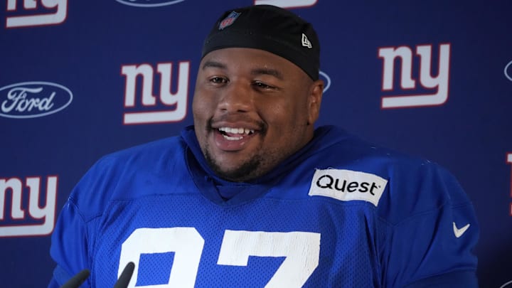 Nov 8, 2024; Munich, Germany; New York Giants defensive tackle Dexter Lawrence II (97) during press conference at the FC Bayern Munchen training grounds at Sabener Strasse.  Mandatory Credit: Kirby Lee-Imagn Images