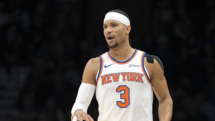 Dec 23, 2025; Minneapolis, Minnesota, USA; New York Knicks guard Josh Hart (3) dribbles the ball against the Minnesota Timberwolves in the first half at Target Center. Mandatory Credit: Jesse Johnson-Imagn Images